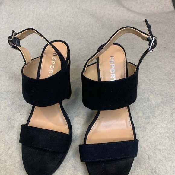 Report Shoes - Report Lawrena Black Suede Platform Block Heel Slingback Sandals